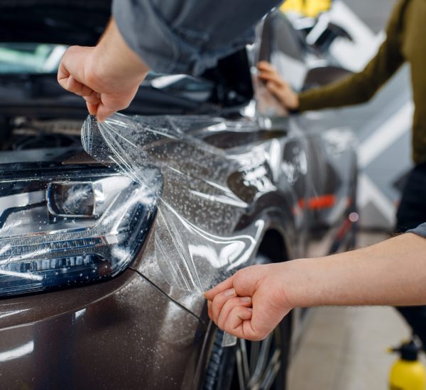 Male worker applies car protection film on front fender. Installation of coating that protects the paint of automobile from scratches. New vehicle in garage, tuning procedure